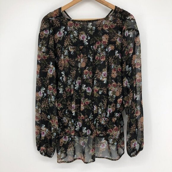 Pleione  Black Floral Peasant Tunic sheer balloon sleeve blouse LG - Picture 3 of 16